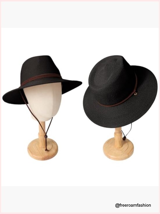 Womens Straw Sun Hat Wide Brim Panama Beach Hat with Chin Strap UPF 50+
